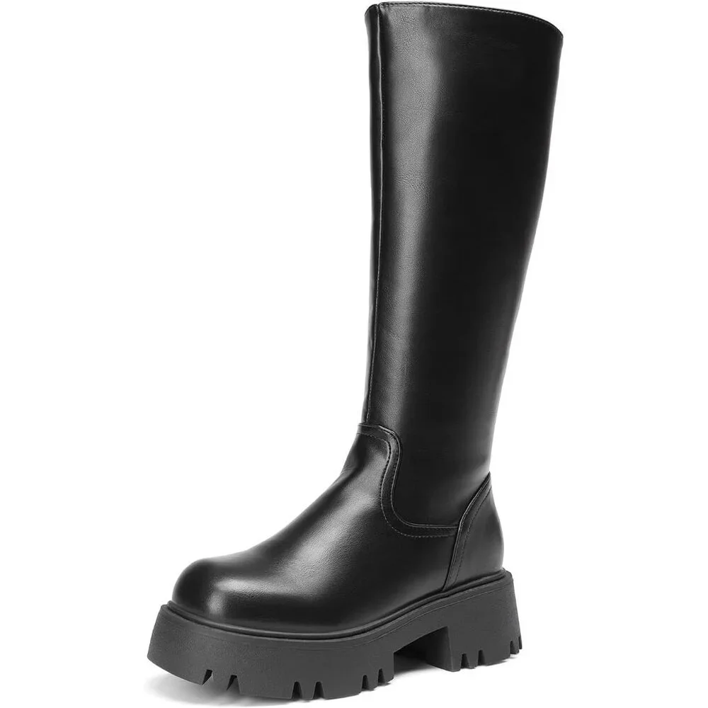 Women's Black Knee High Round-Toe Side Zip Stylish Comfortable Chunky Heel Boot